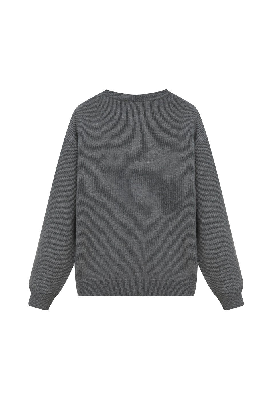 Back view of a gray ribbed sweater with long sleeves and ribbed cuffs and hem.