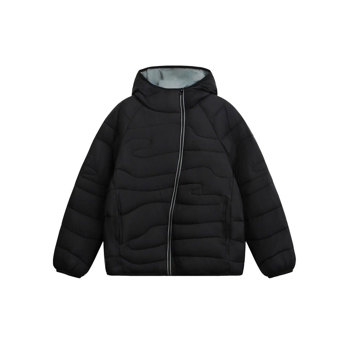 Black hooded quilted puffer jacket with diagonal front zipper and wavy quilting, front flat view