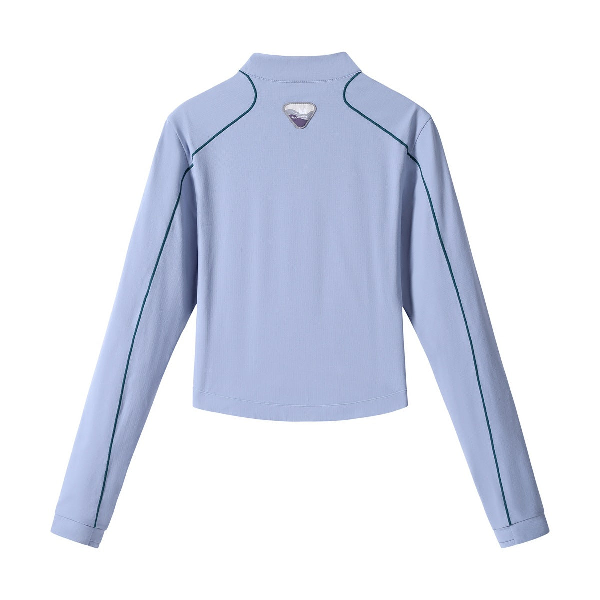 Back view of a light blue cropped long-sleeve pullover with a stand collar, dark teal piping, and a small triangular