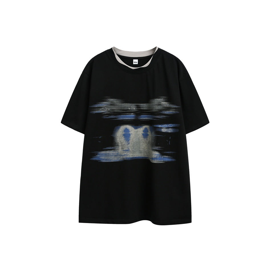 Black short-sleeve T-shirt with gray layered neckband and blurred blue and gray graphic on the front