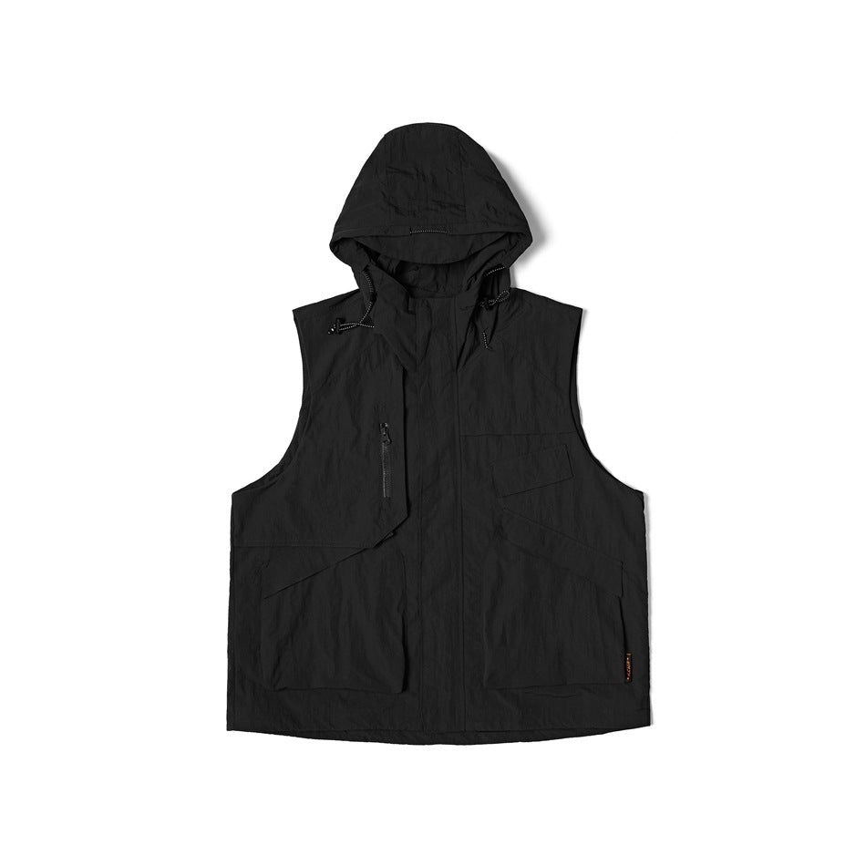 Black hooded sleeveless utility vest, flat lay front view with zip pockets and large flap pockets