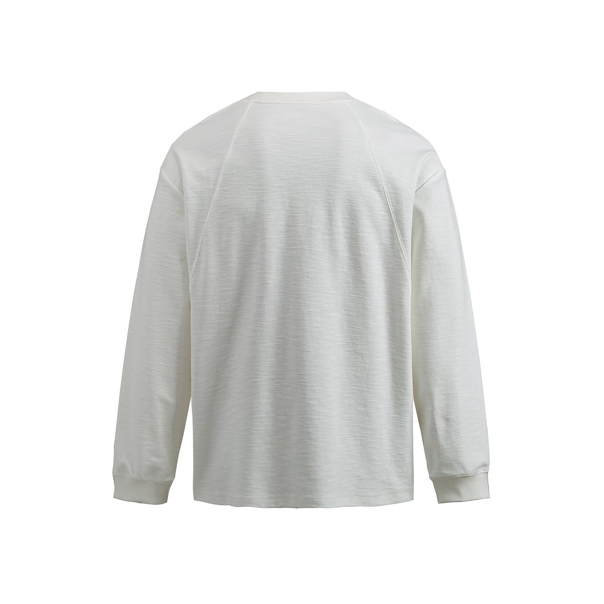 Back view of an off-white long-sleeve crewneck sweatshirt with ribbed cuffs and raglan seams.