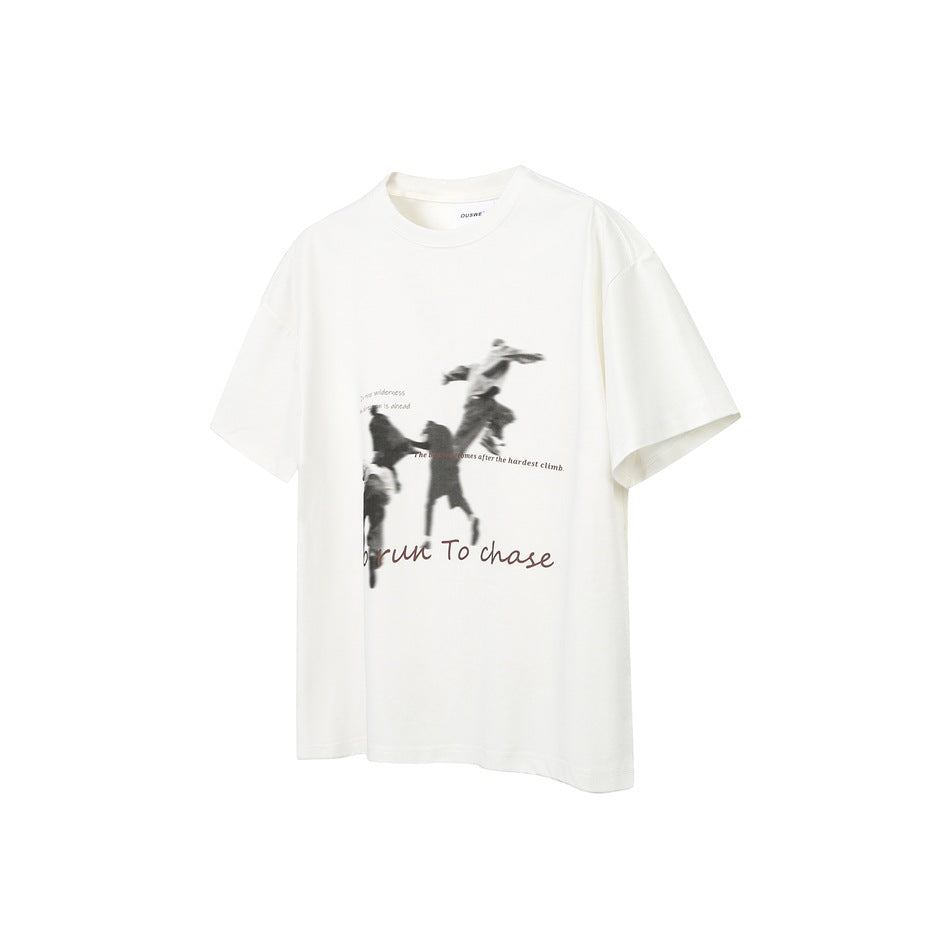Off-white short-sleeve crew-neck T-shirt with blurred leaping figures graphic and script text on the front