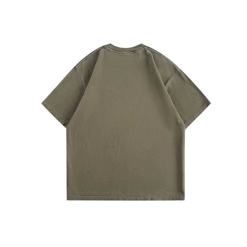 Back of olive green short-sleeve crew-neck T-shirt with dropped shoulders and plain back