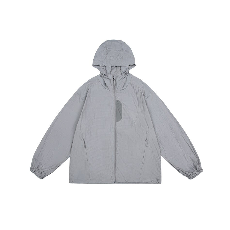Gray hooded zip jacket flat lay with side zip pockets, elastic cuffs and a darker chest panel