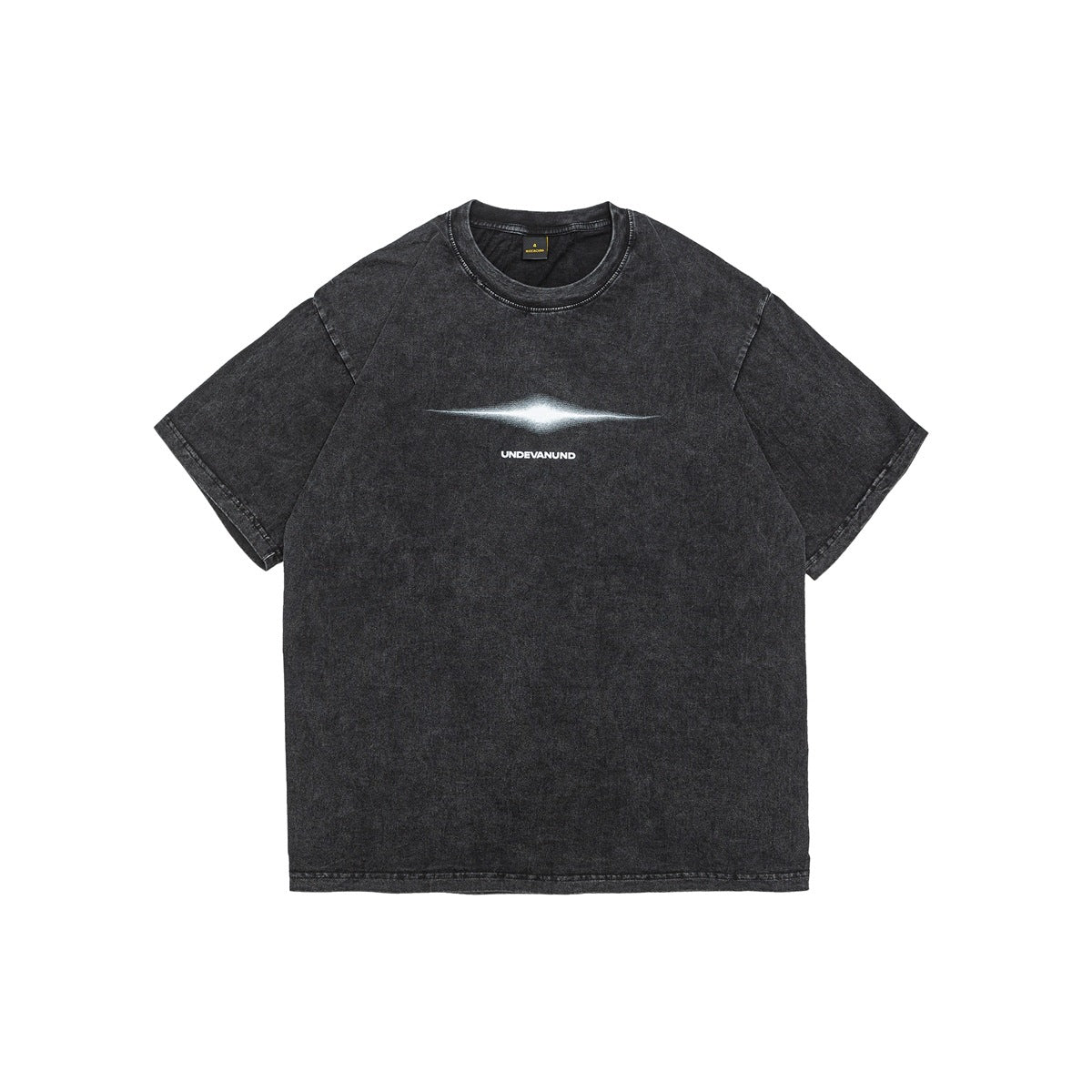 Black acid-washed short-sleeve crew-neck T-shirt flat lay with white light-streak graphic on the chest