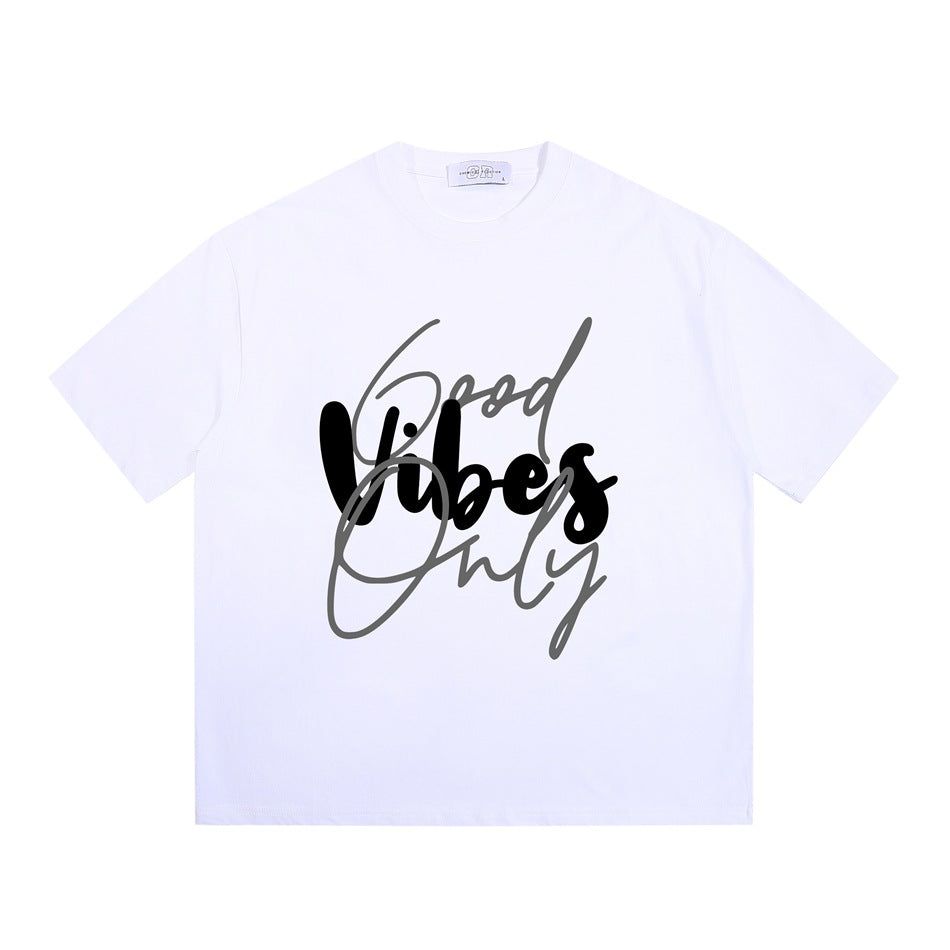 White short-sleeve crew-neck T-shirt with black and gray 'Good Vibes Only' script graphic, flat front view