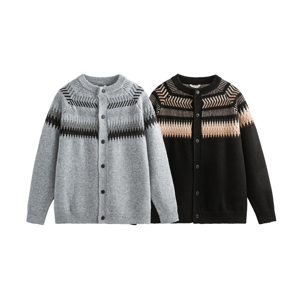 Two button-front knit cardigans shown from the front: one gray with black patterns and one black with tan patterns.