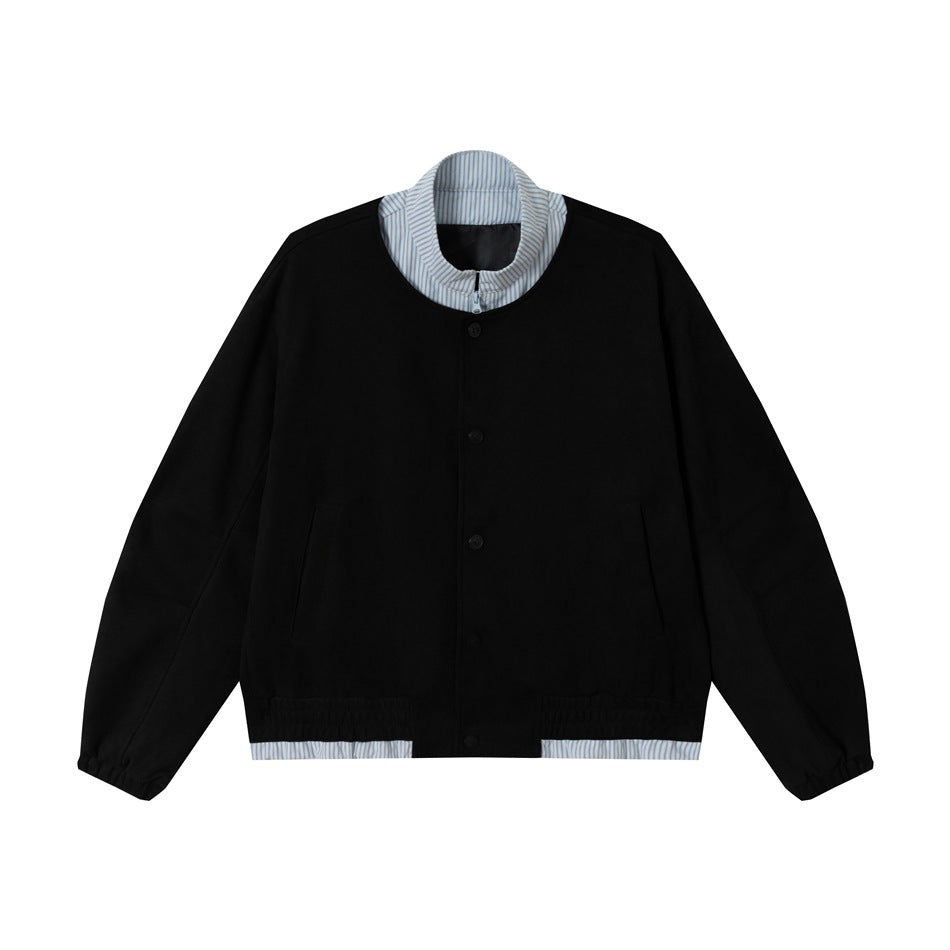 Black button-front jacket with blue and white striped stand collar and hem trim, flat front view