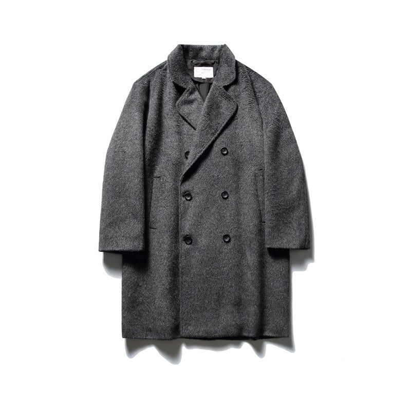 Gray double-breasted mid-length coat with six buttons, notch lapel collar and side pockets, front flat lay