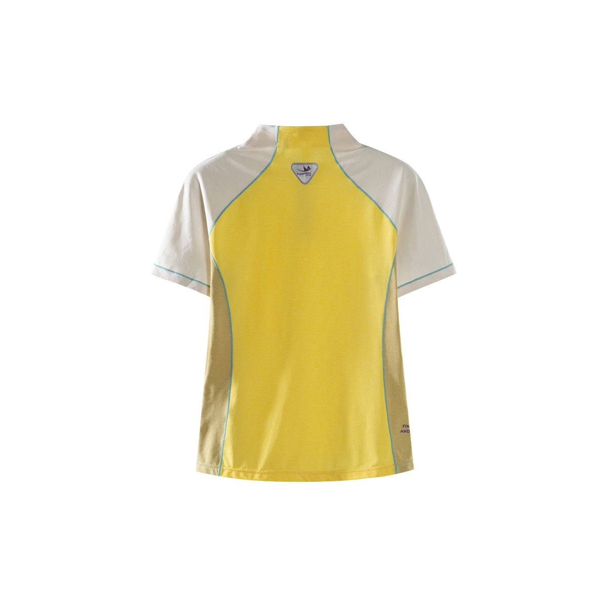 Back view of a yellow-panel top with off-white sleeves and turquoise piping.