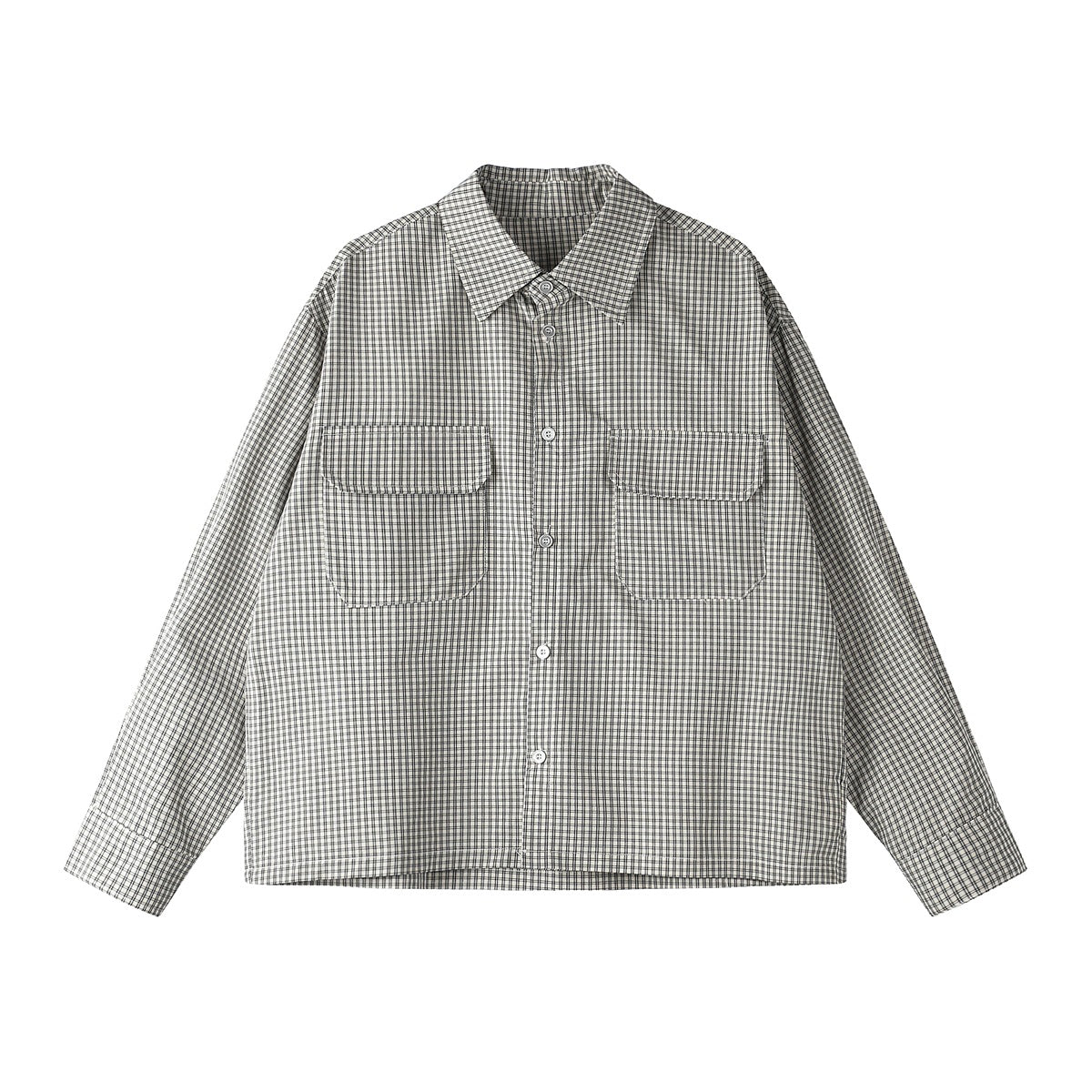 Flat-lay front of a long-sleeve gray-green and cream check shirt with two flap chest pockets and button front
