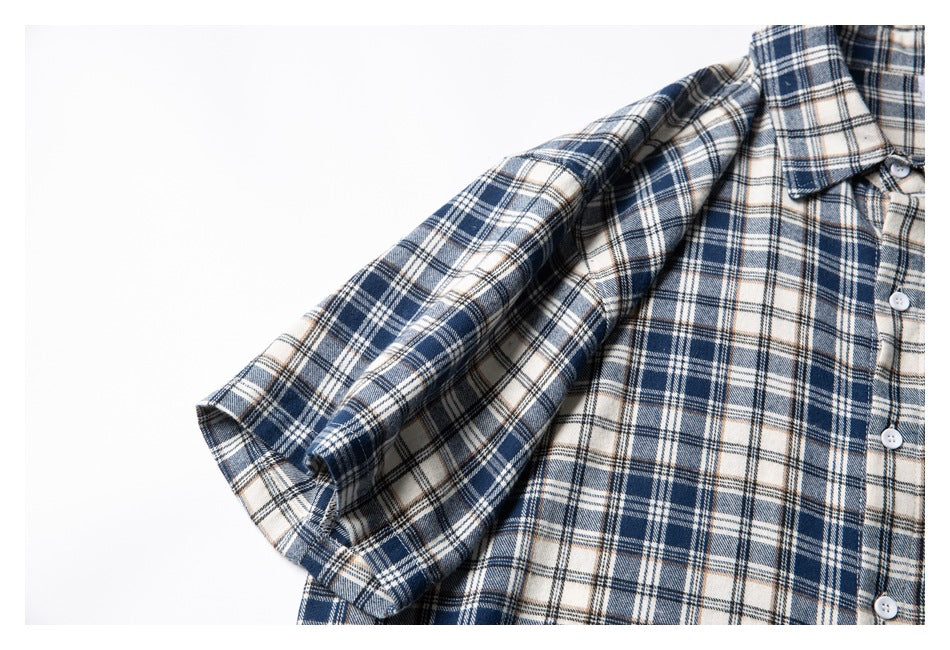 Close-up of a plaid shirt sleeve and cuff beside part of its buttoned front.