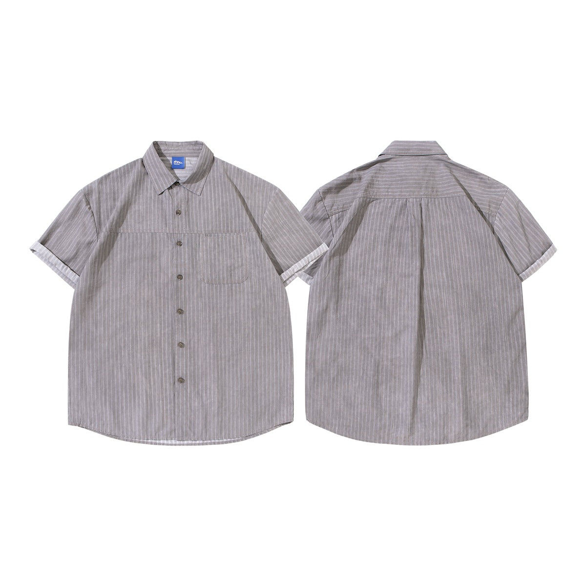 Gray vertically striped short-sleeve button-up shirt shown from the front and back, with a chest pocket and folded cuffs.