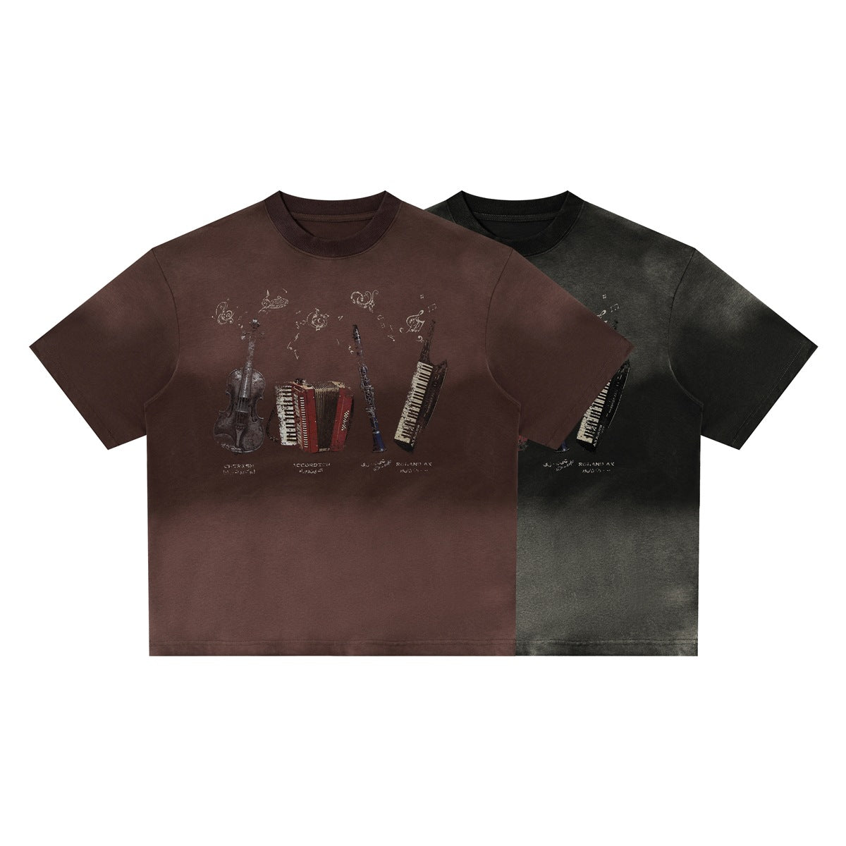 Front view of brown and charcoal T-shirts with distressed musical-instrument graphics.