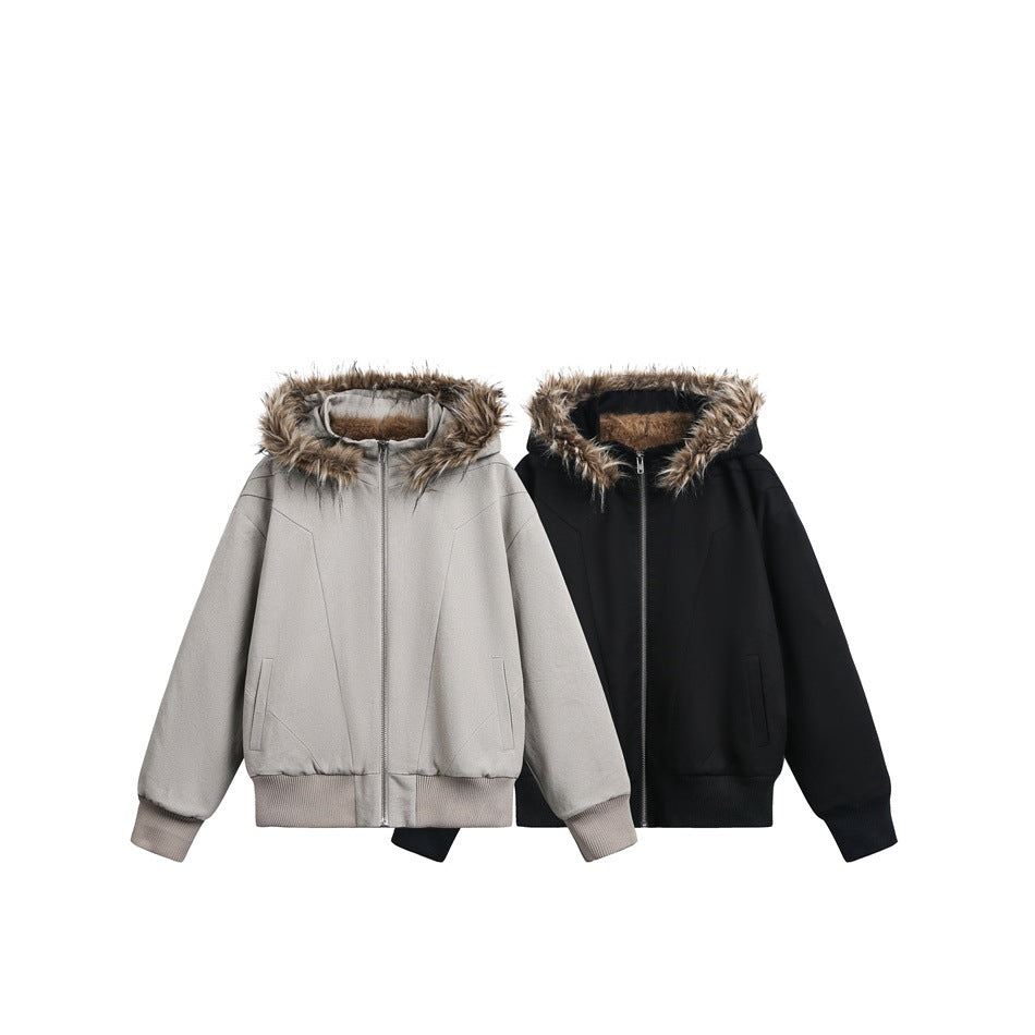 Two front-facing hooded zip jackets shown together in taupe and black, both with brown faux-fur trim and ribbed hems.