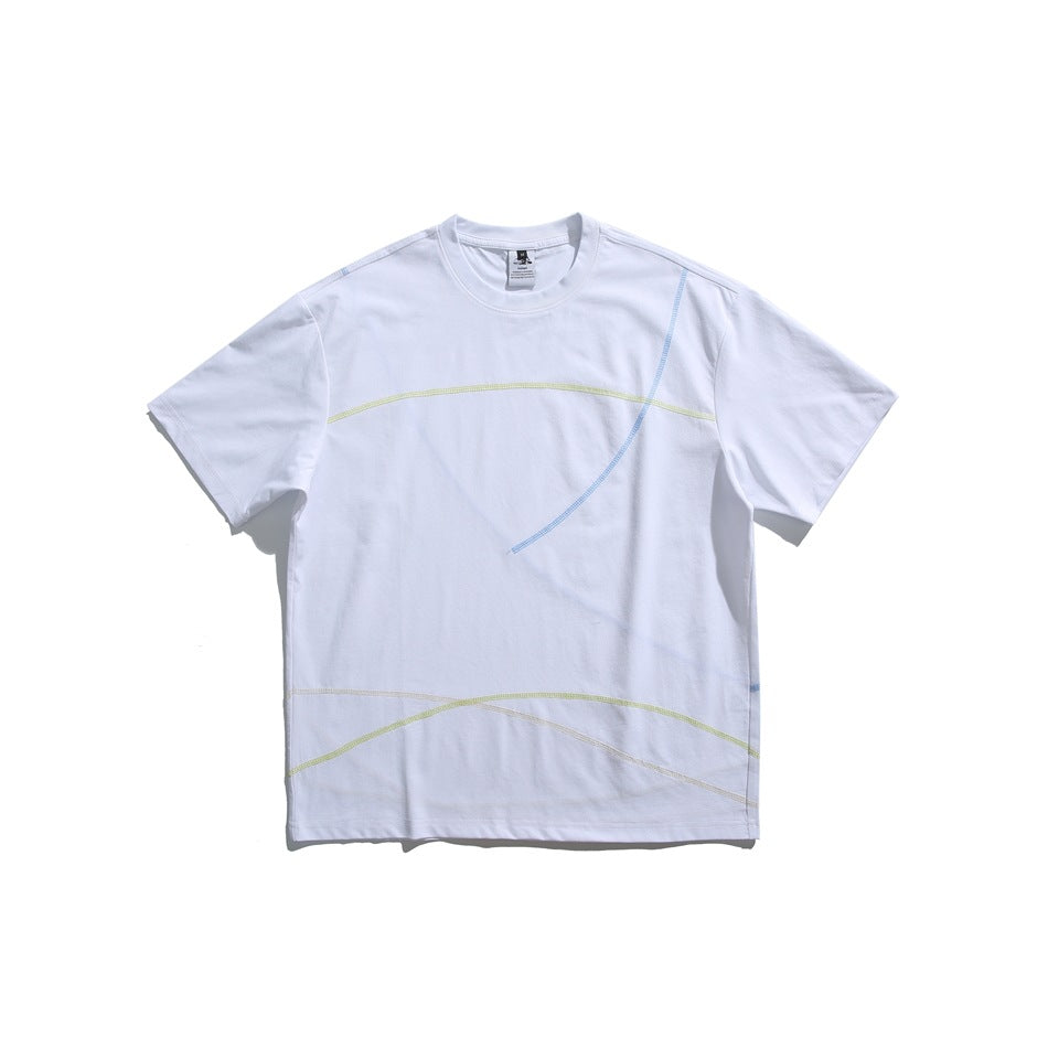White short-sleeve crew-neck T-shirt with curved yellow-green and light blue contrast topstitching, front view