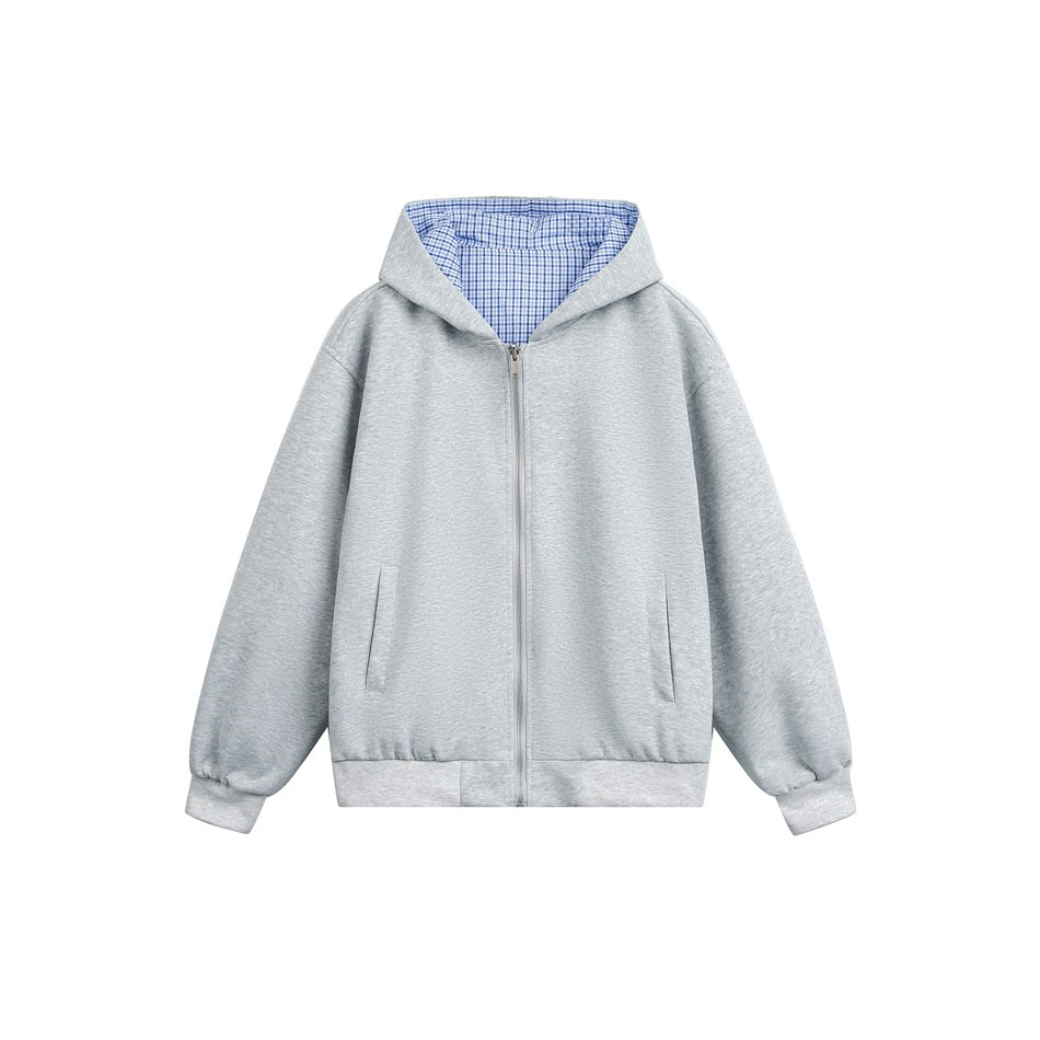 Gray zip-up hooded jacket flat lay with blue gingham check hood lining, ribbed cuffs and hem