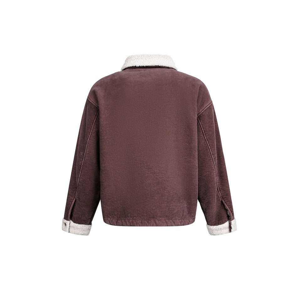 Back view of a brown jacket with a cream shearling collar and turned-back cuffs, shown against a white background.