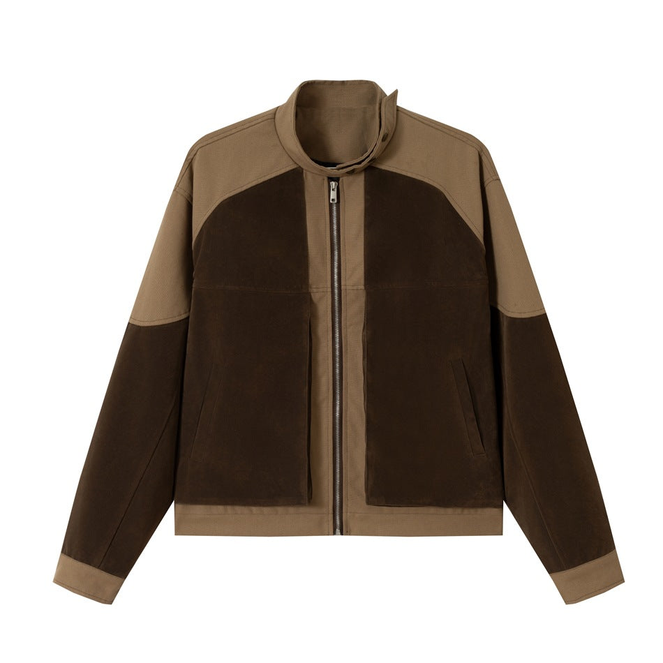 Brown and tan color-block stand-collar zip jacket, flat front view
