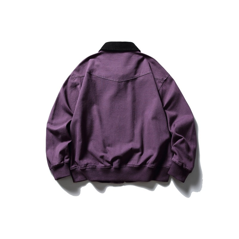 Back view of a purple jacket with a black collar and ribbed cuffs and hem.