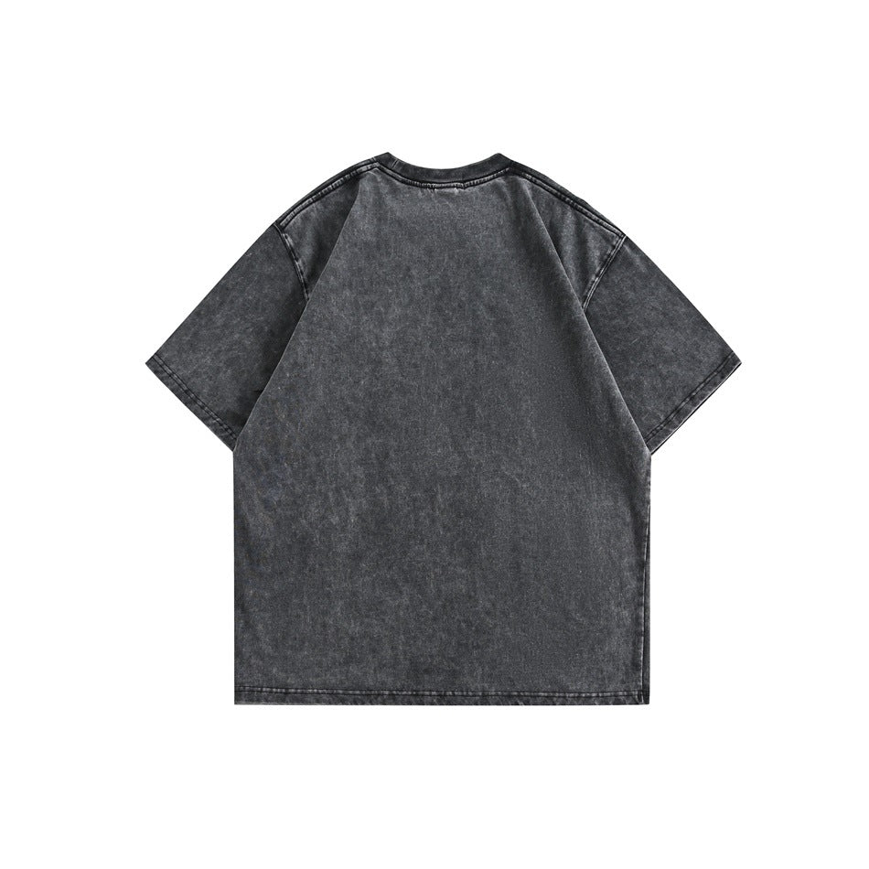 Back view of washed charcoal-black short-sleeve crew neck T-shirt with plain back and dropped shoulders