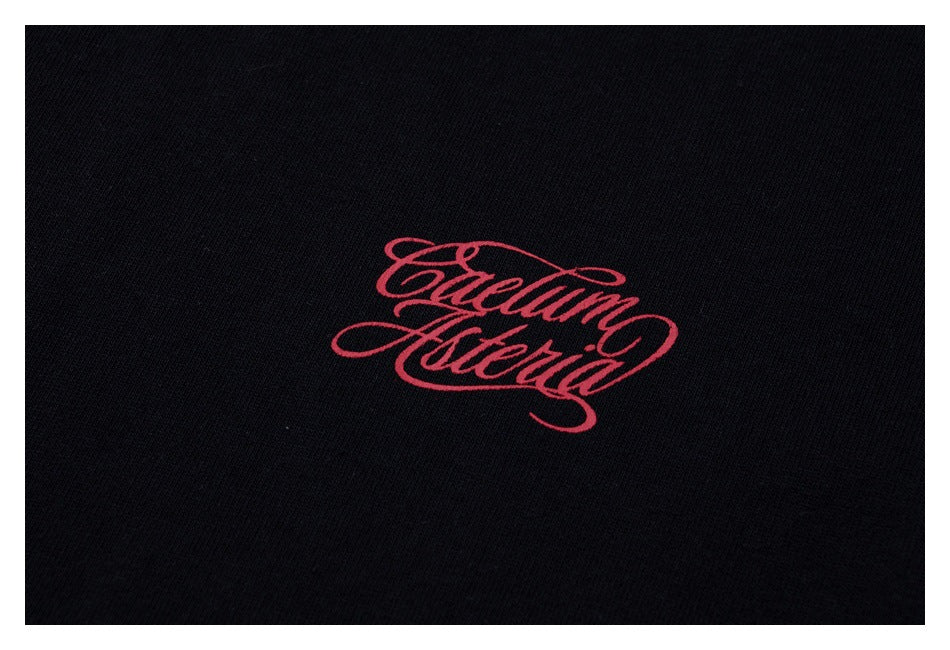Close-up of ornate red script printed on black shirt fabric.
