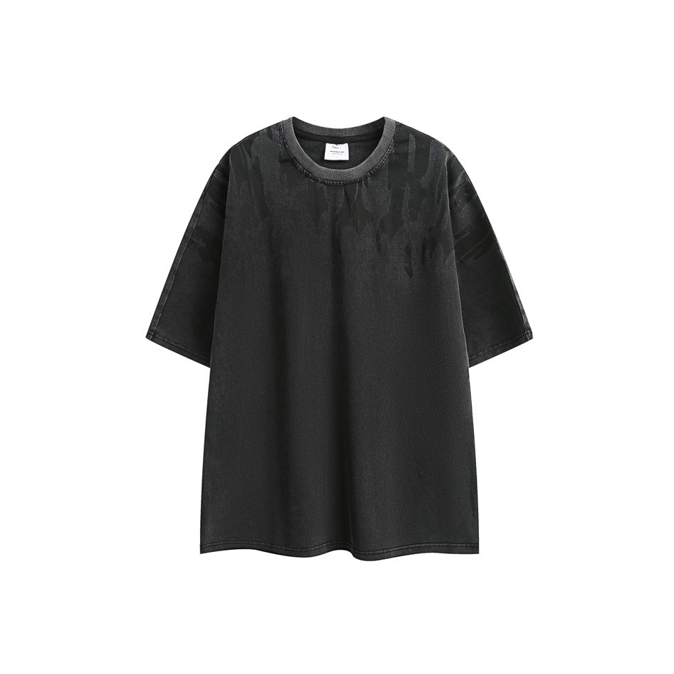Washed black short-sleeve crewneck T-shirt with tonal distressed print across the shoulders, flat front view