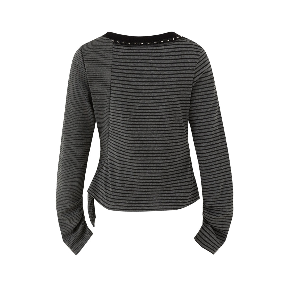 Back view of a charcoal-and-black striped long-sleeve top with a black neckline and small studs.