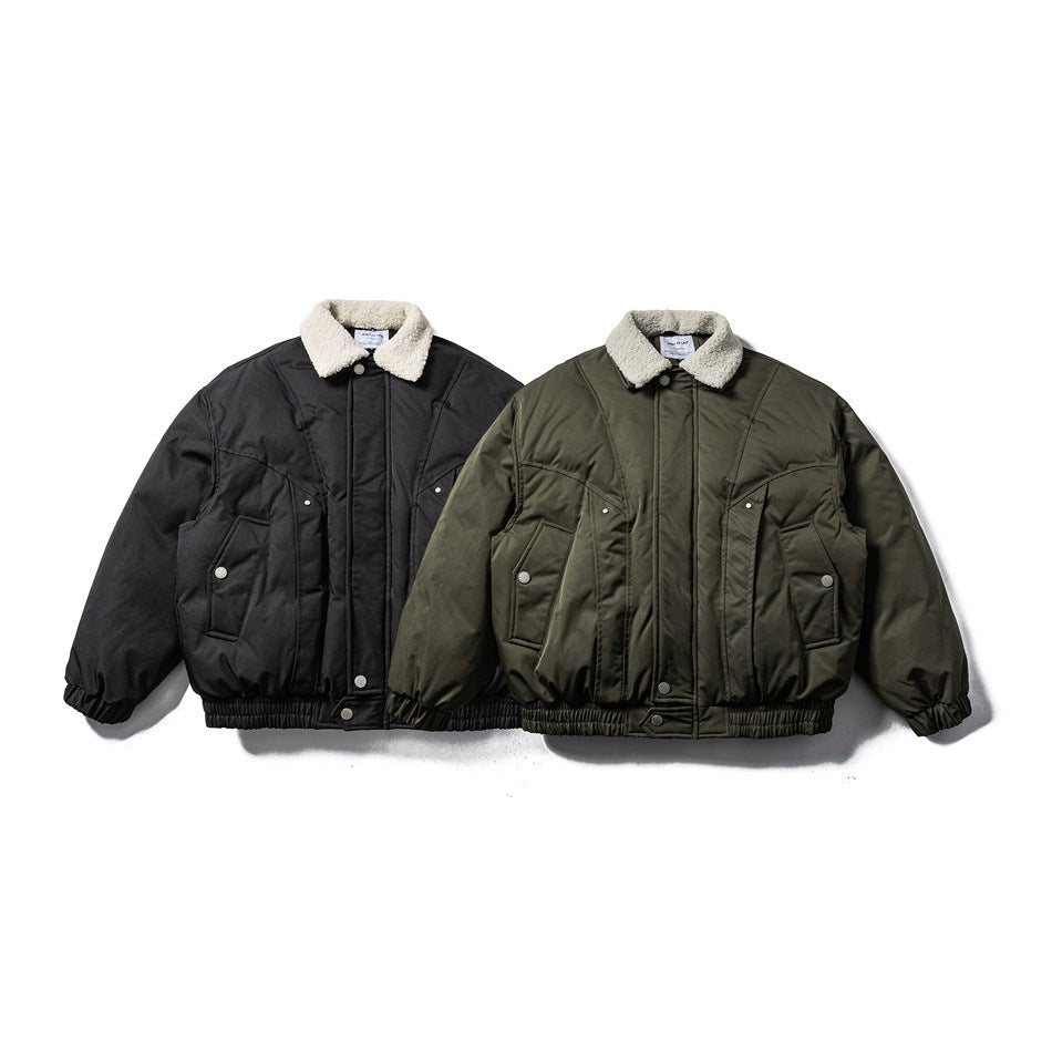 Two jackets shown from the front in black and olive, both with cream sherpa collars and snap pockets.