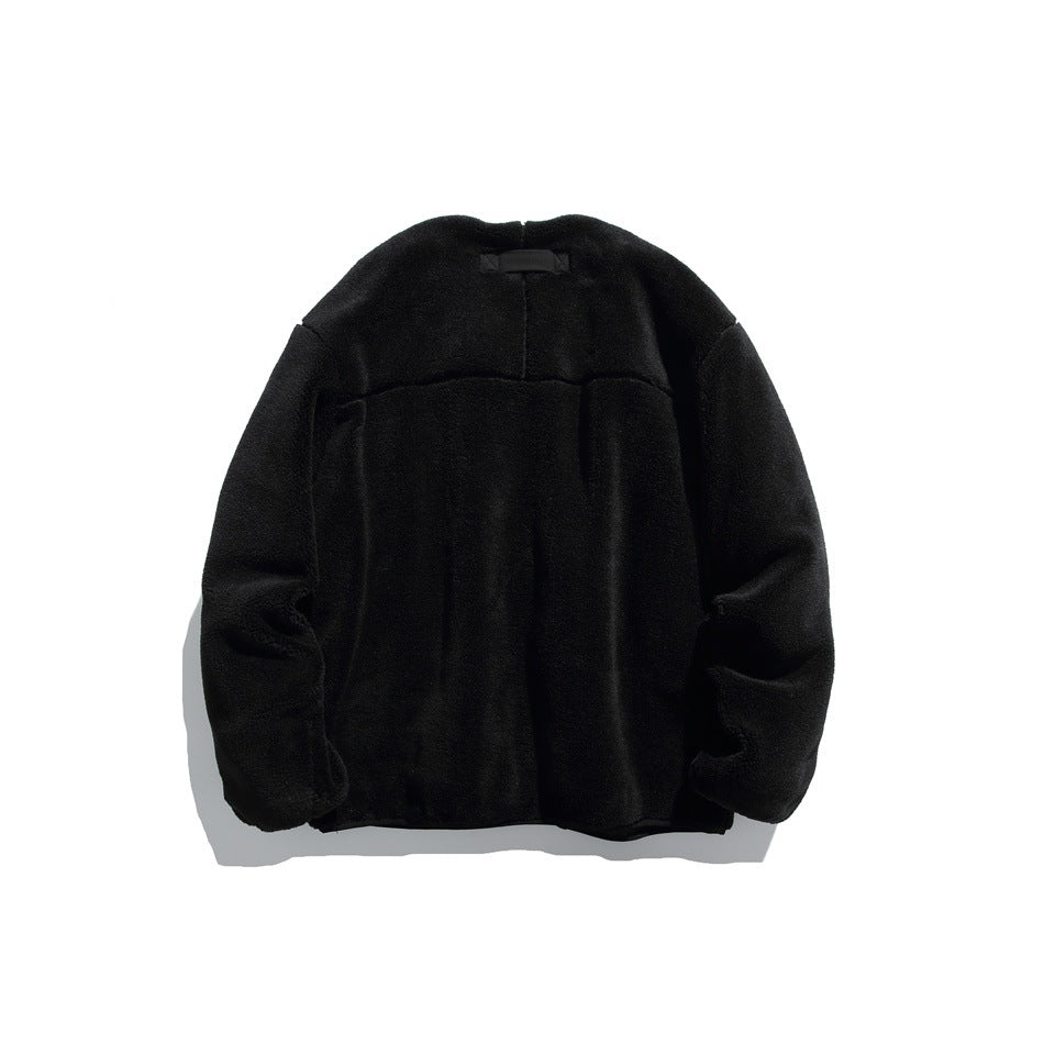 Back view of a black fleece zip jacket laid flat on a white background.