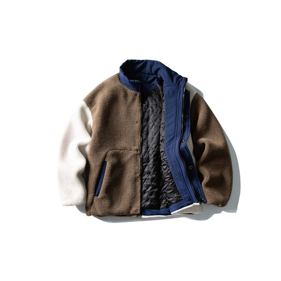 Open jacket showing navy zipper placket, snap closure and dark quilted-looking lining inside