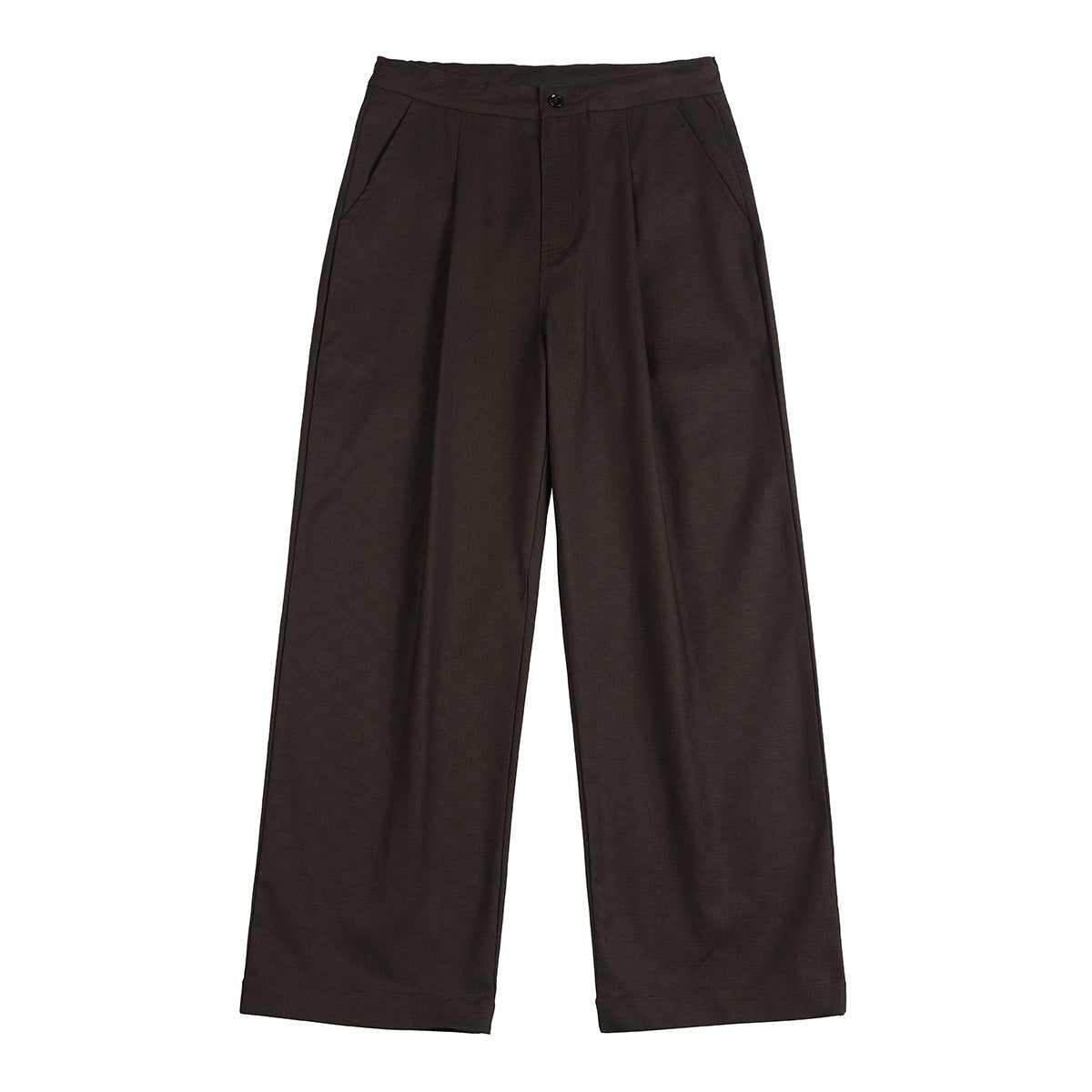 Dark brown wide-leg pleated trousers with button waistband and slanted side pockets, flat lay front view