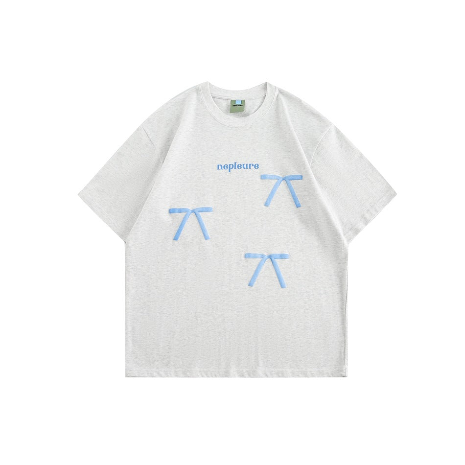 Heather gray short-sleeve T-shirt with three light blue ribbon bows and small blue lettering on the front