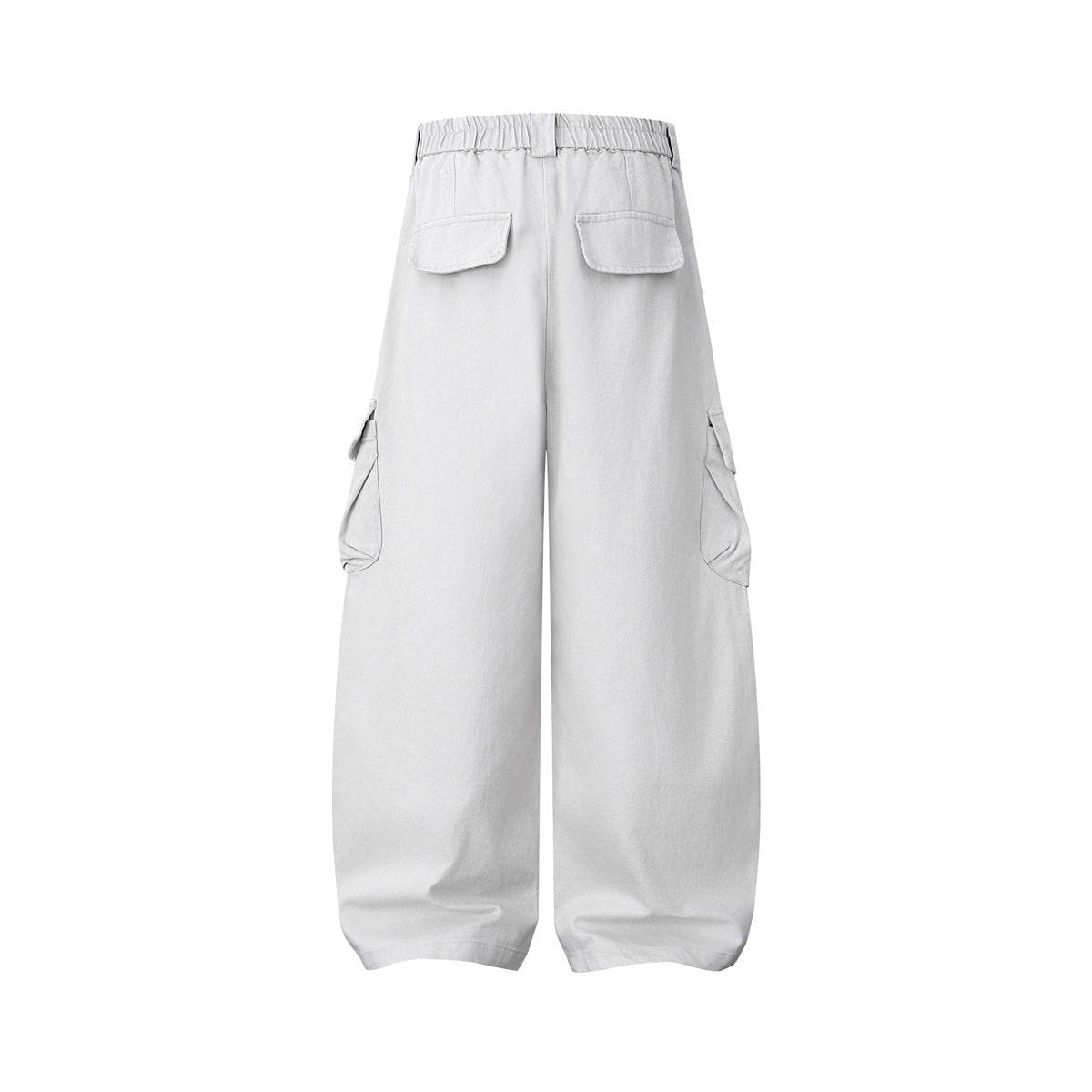 Back view of light gray wide-leg cargo trousers with an elastic waistband, two flap pockets, and side cargo pockets.