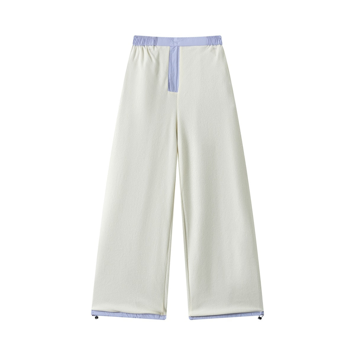 Back view of ivory wide-leg pants with a pale lavender elastic waistband panel and matching trim at the hems.