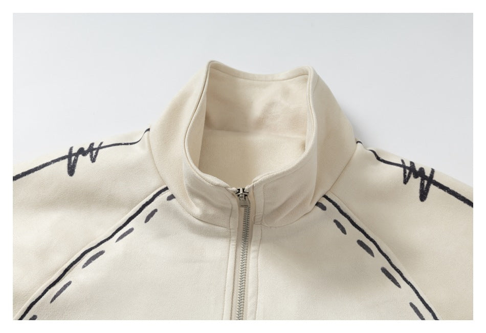 Close-up of the cream jacket's high collar and front zipper, with dark sketch-style lines across the shoulders.