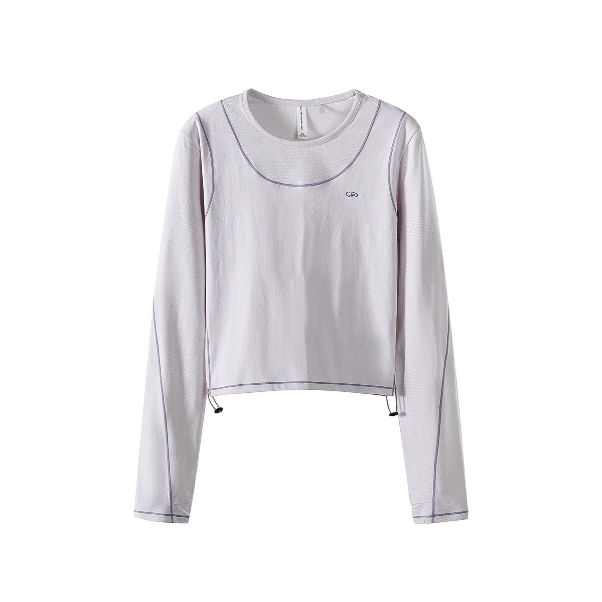 Pale lilac-pink cropped long-sleeve top with purple contrast stitching, scooped front panel and side hem toggles
