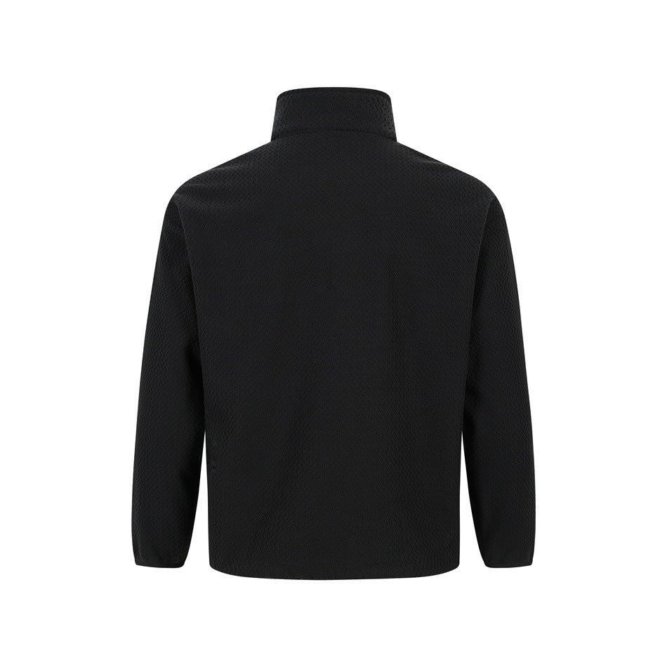 Black textured fleece-like pullover with stand collar and long sleeves, back view