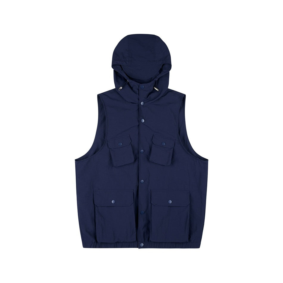 Navy blue sleeveless hooded utility vest with snap front and four flap pockets, flat front view
