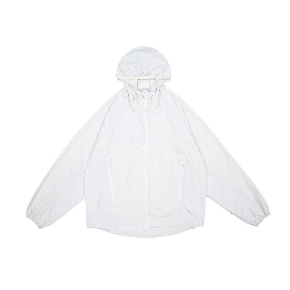White hooded zip-up jacket laid flat, front view with zippered side pockets and elastic cuffs