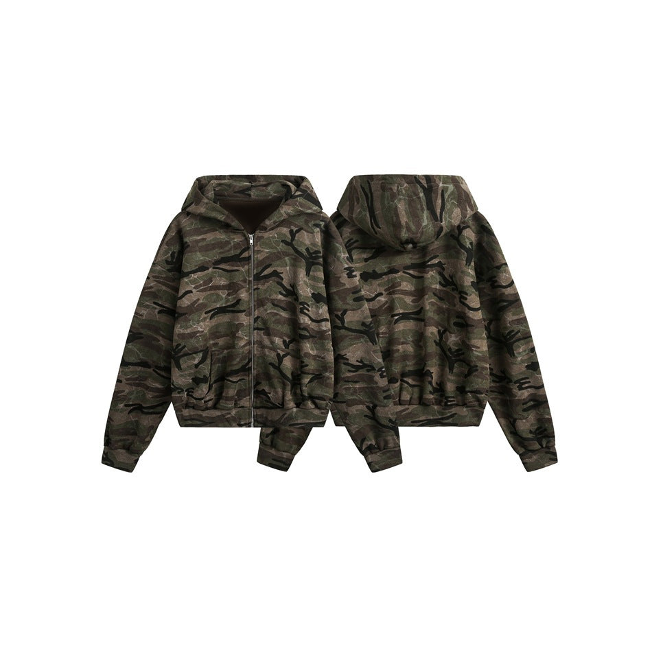 Brown and olive camouflage hooded zip jacket shown from the front and back on a white background.