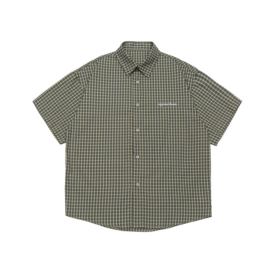Green and cream small-plaid short-sleeve button-up shirt with collar and white embroidery on the chest, front flat view