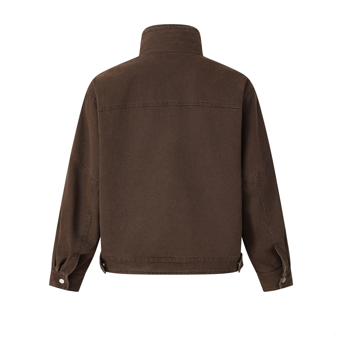 Back view of a dark brown jacket with a high collar, long sleeves, and a horizontal yoke seam.