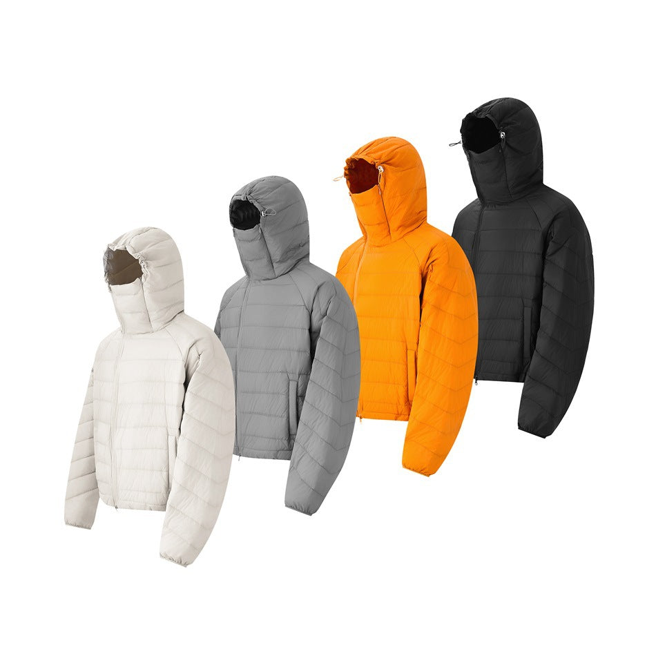 Four hooded quilted jackets shown together in ivory, gray, orange, and black.