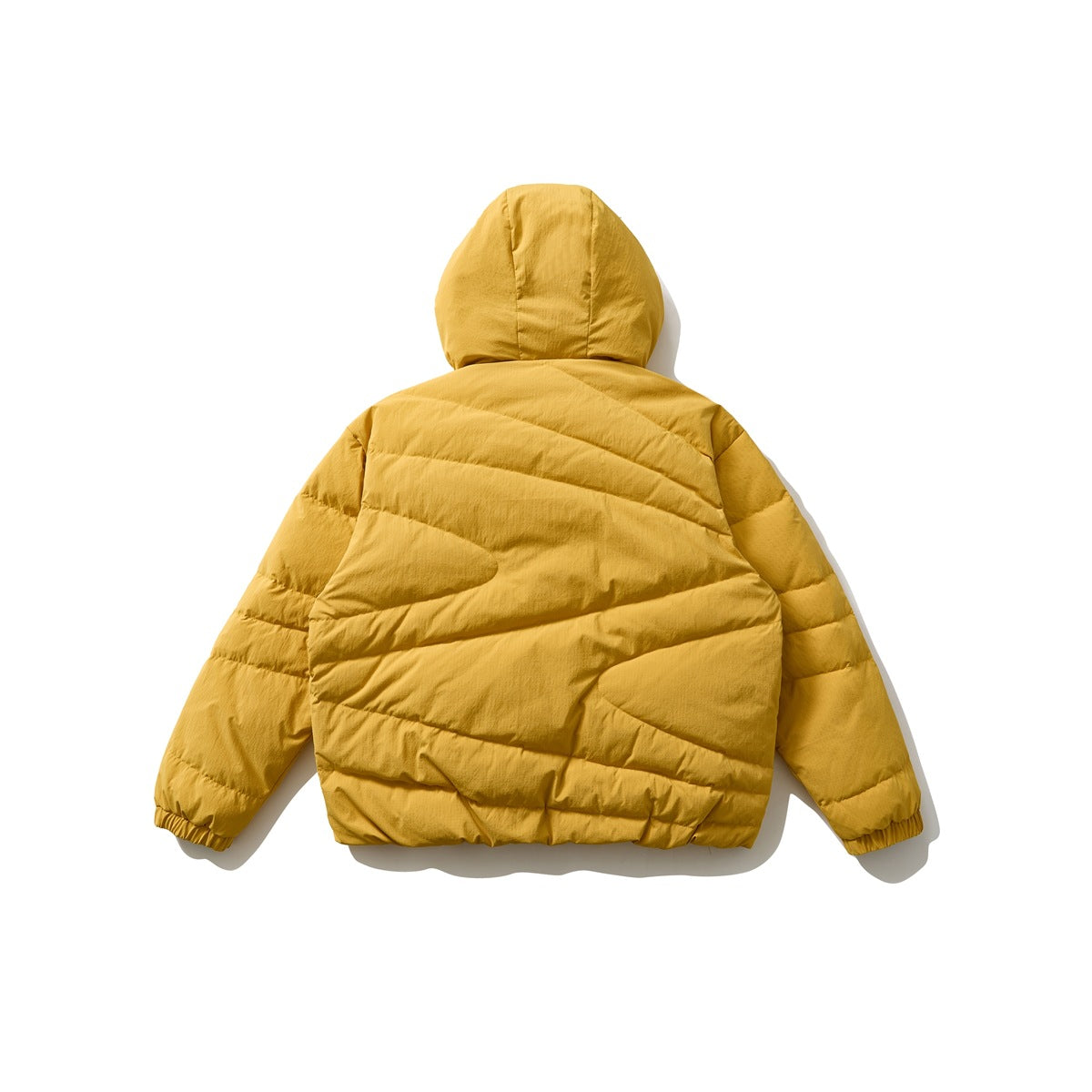 Mustard-yellow hooded puffer jacket shown from the back on a white background.
