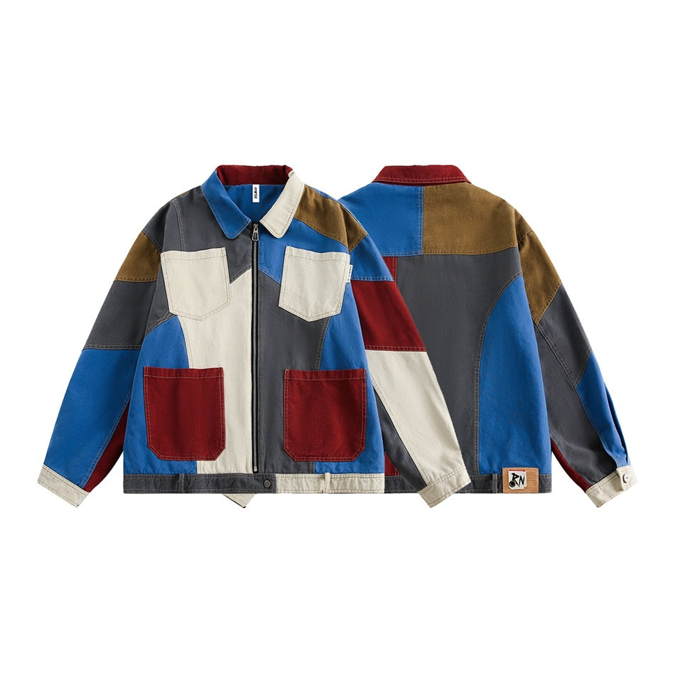 Front and back views of a multicolor patchwork jacket with a zip front, contrasting panels, and multiple pockets.