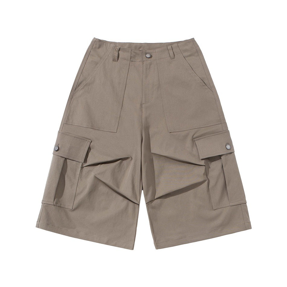 Khaki knee-length cargo shorts, flat lay front view with front patch pockets and button-flap side cargo pockets
