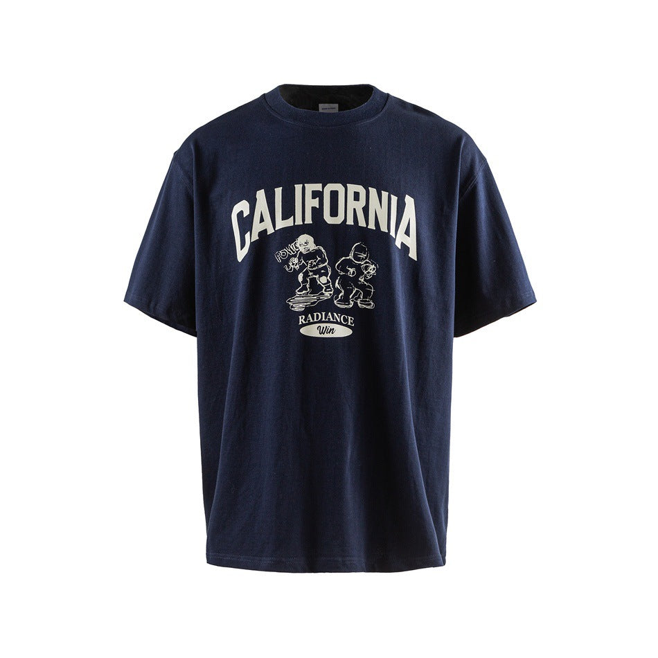 Dark navy short-sleeve T-shirt with a cream California graphic and illustrated figures on the front.