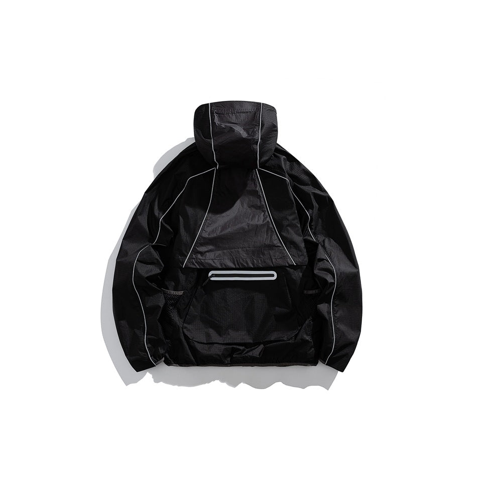 Black hooded jacket shown from the back, with light-colored piping and a horizontal rear pocket detail.